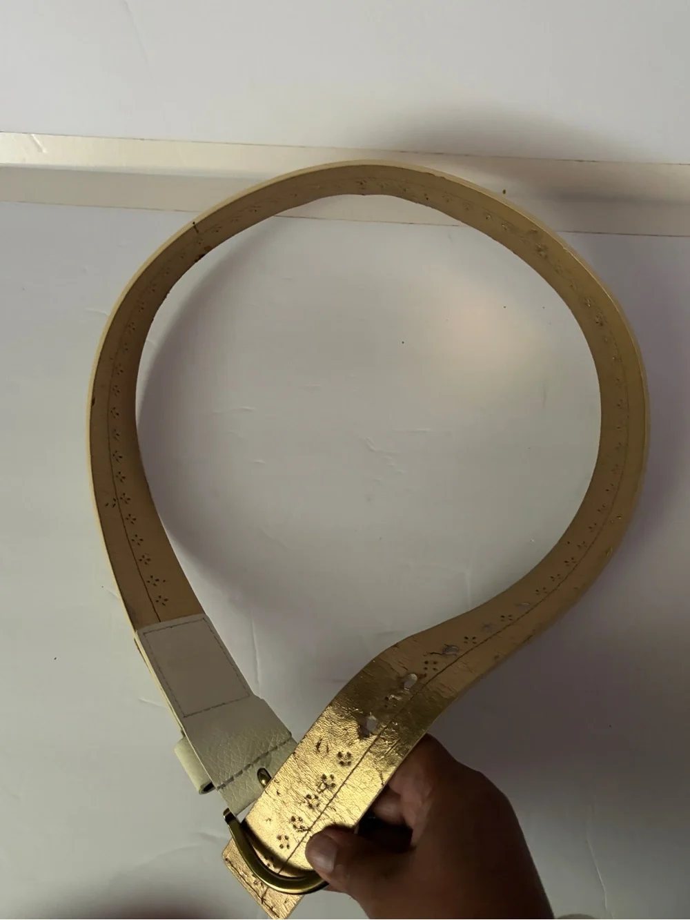 Michael Kors Cream Leather Studded Belt Antique Brass Plaque Medium M Boho Chic